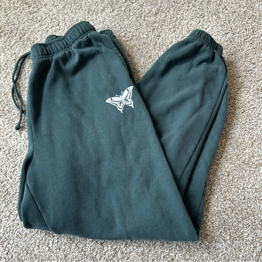 Brandy Melville Green Track Pants with Butterfly Motif M Medium